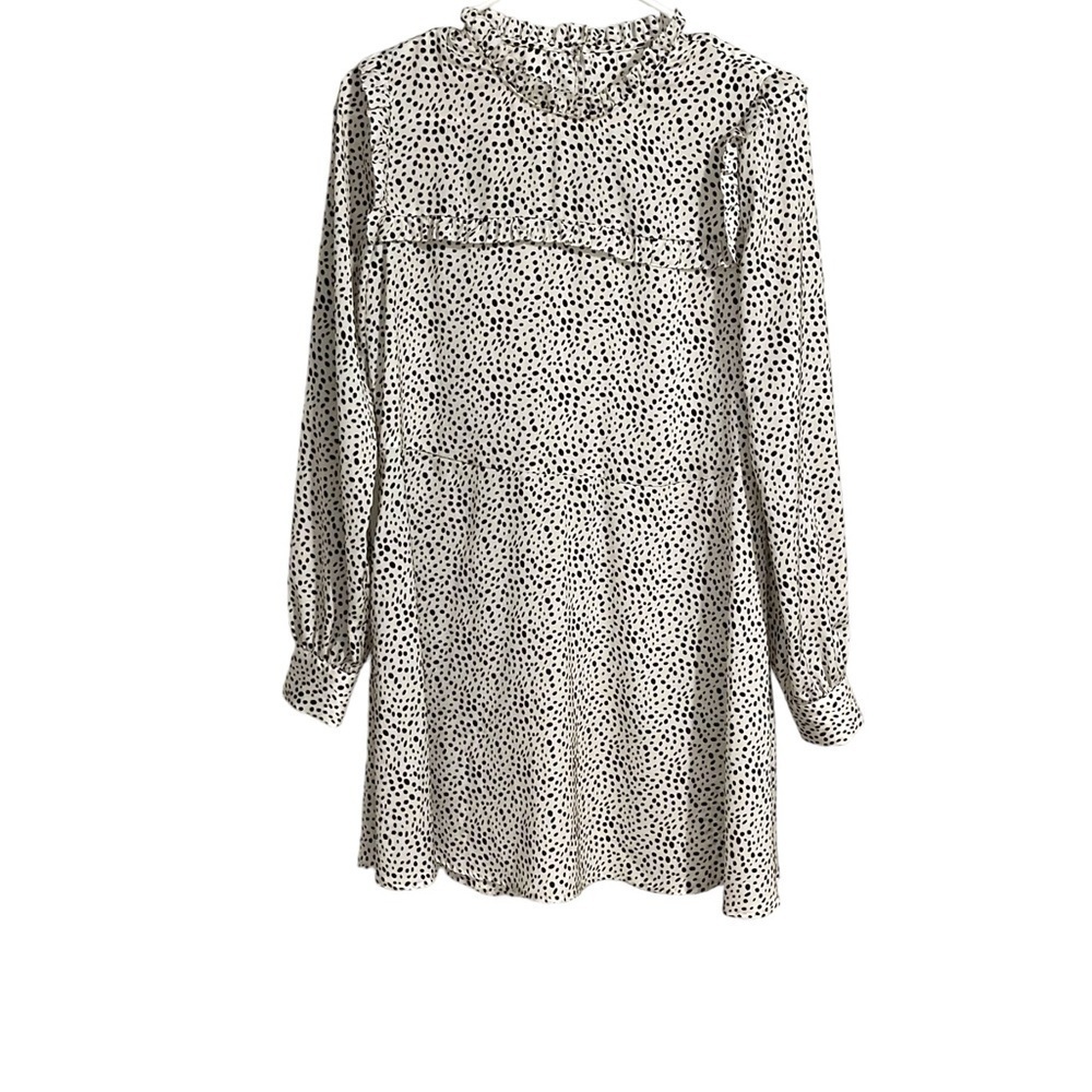 Avec Les Filles White‎ Black Spotted Long Sleeve Mini Dress Size XS